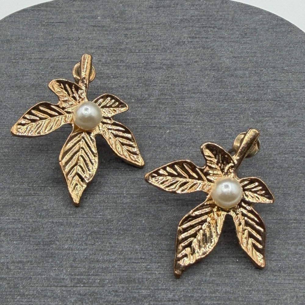 Gold Tone Pearl Leaf Drop Earrings Botanical Cottagecore Statement Jewelry Gift